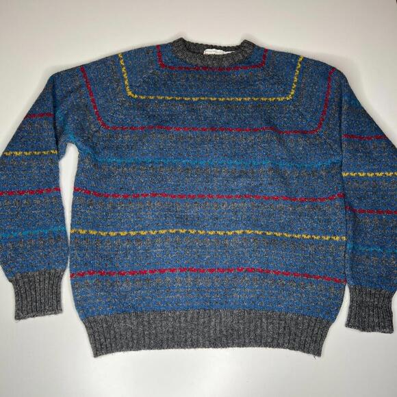 Vintage McGregor Wool Blend Sweater Large USA Made Blue Gray Striped Pullover 80 - Picture 1 of 7